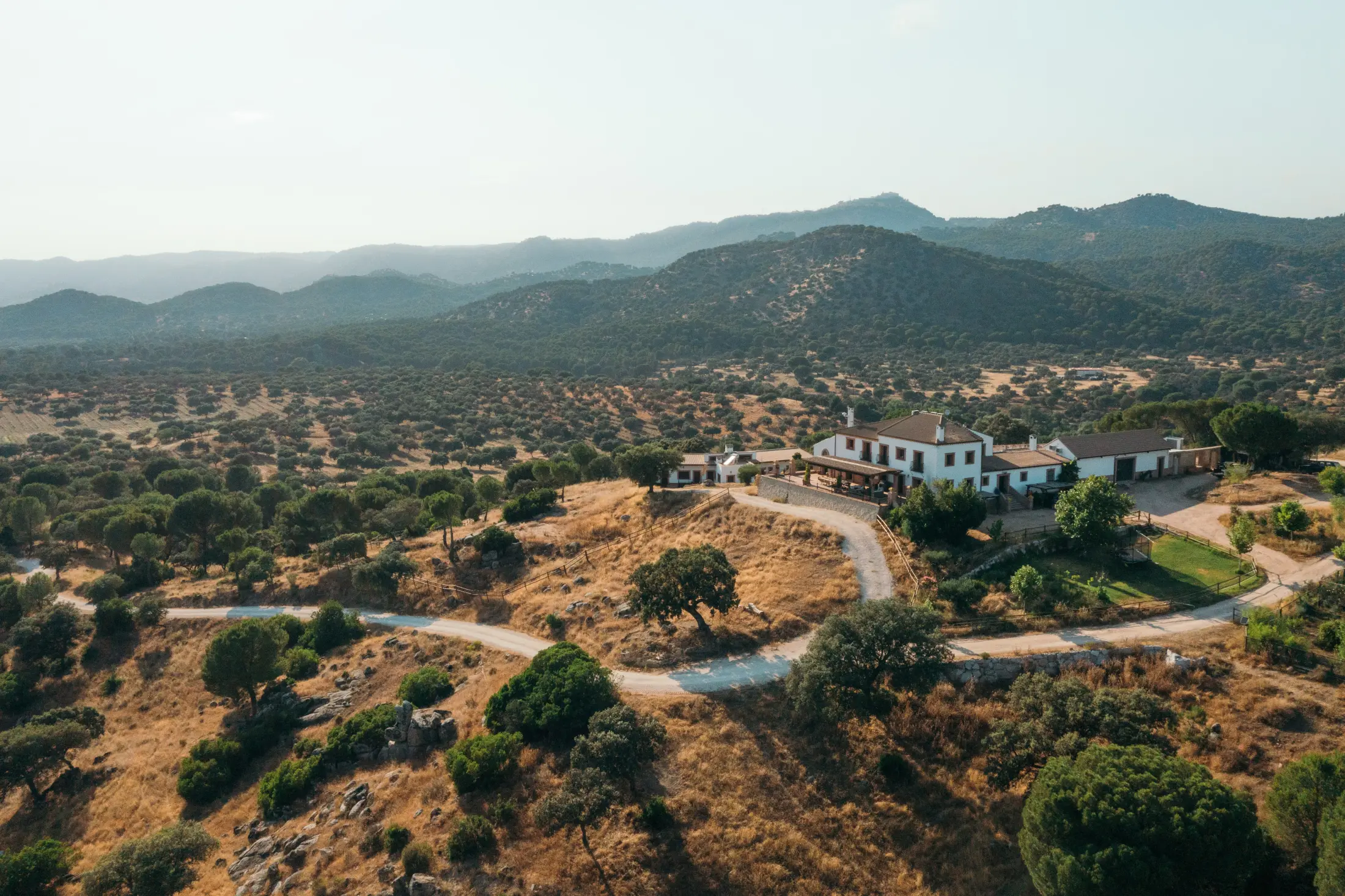 Finca El Encinarejo and its lodge from the air, set in the dehesa