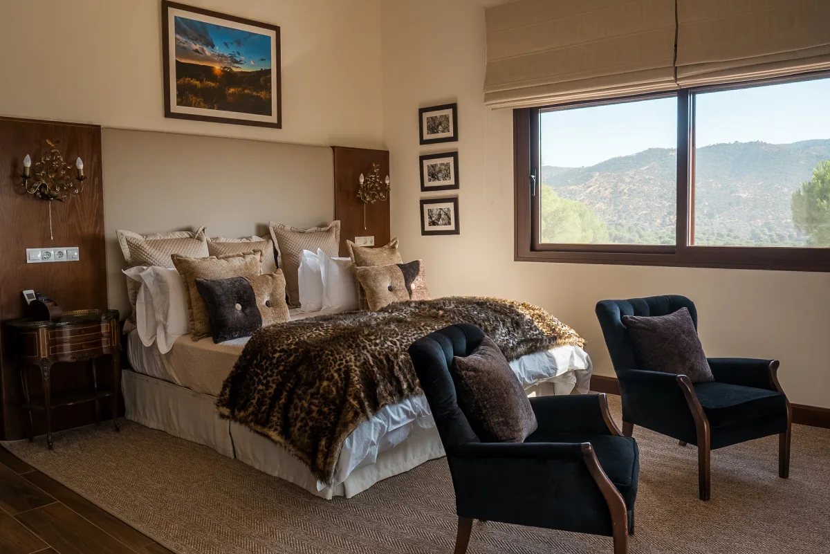 A lodge bedroom looking over the sierra