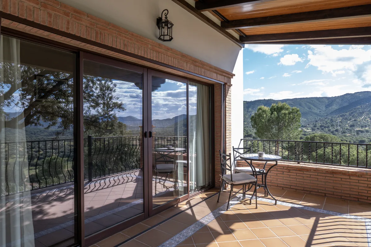 The lodge terrace and the sierra beyond